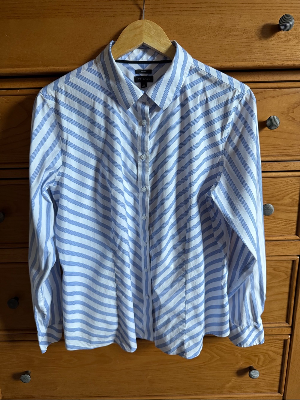 Talbots Blue & White Striped Dress Shirt Womens Size 14 Non Iron Preppy Career